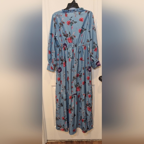 Boutique Blue Floral Ruffle Maxi Dress Long Sleeve Cottagecore Wedding Boho L - Picture 8 of 9